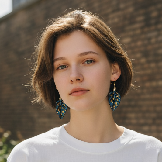 Boucles d'oreilles Feuille d'origami : Bijoux en papier faits main Bleu profond