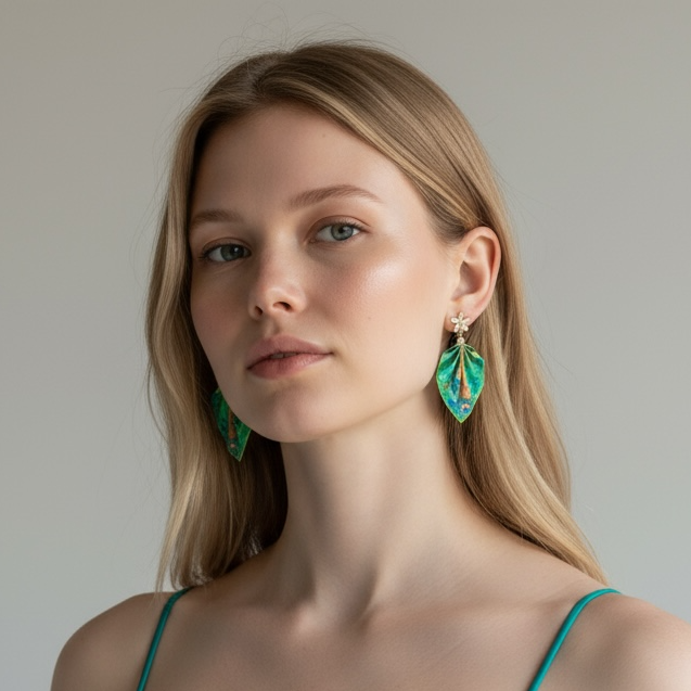 Woman wearing a teal dress and earrings against a plain background