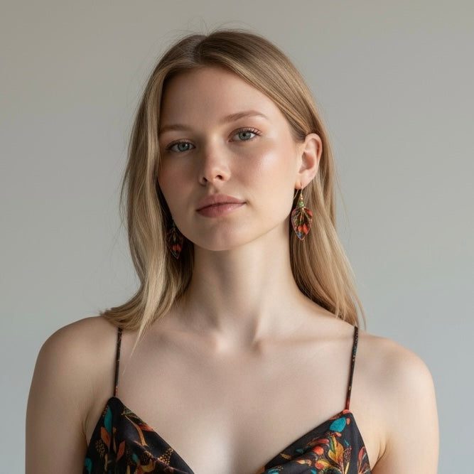 Woman wearing a floral dress with a neutral background