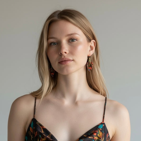 Woman wearing a floral dress with a neutral background