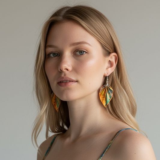 Woman wearing a colorful dress with floral earrings against a plain background